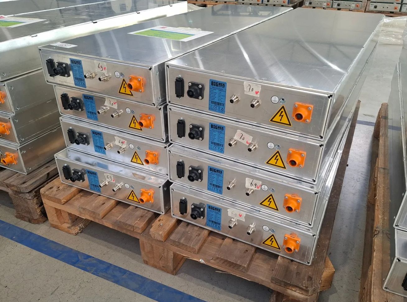 LFP modules stacked on pallets in warehouse, Belgium